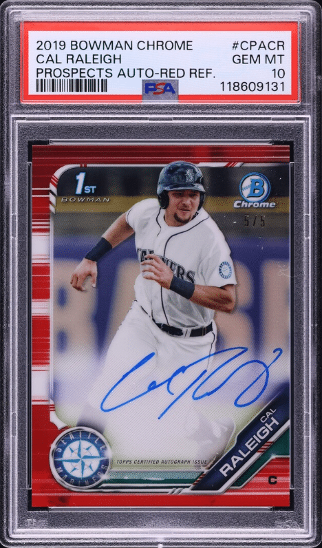 2019 Bowman Chrome Red Refractor Prospect Autograph Cal Raleigh PSA 10