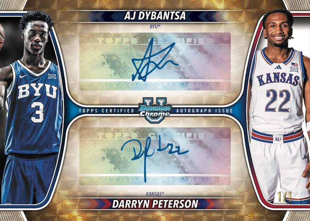 2025-26 Bowman Basketball: The Complete Collector's Guide 22 2025-26 Bowman Chrome U Dual Autograph AJ Dybantsa BYU Darryn Peterson Kansas 1/1