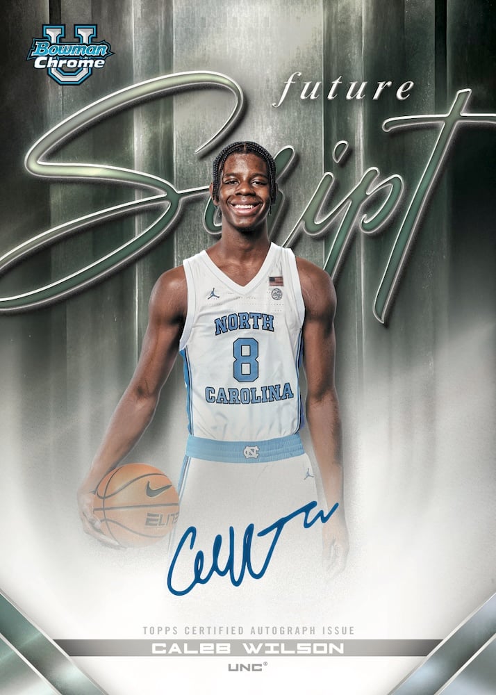 2025-26 Bowman Basketball: The Complete Collector's Guide 21 2025-26 Bowman Chrome U Future Script Caleb Wilson UNC Autograph Card
