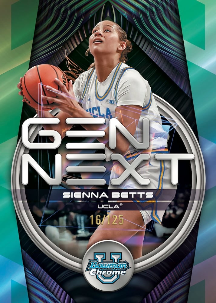 2025-26 Bowman Basketball: The Complete Collector's Guide 11 2025-26 Bowman Chrome U Gen Next Sienna Betts UCLA Insert Card Numbered 16/125