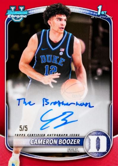 2025-26 Bowman Basketball: The Complete Collector's Guide 24 2025-26 Bowman Chrome U Cameron Boozer Duke Red Refractor Autograph 5/5 Inscription