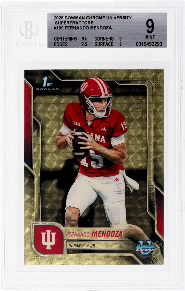 The 2026 NFL Draft's Most Valuable College Cards (So Far) 9 2025 Bowman Chrome University Superfractor Fernando Mendoza 1/1 Bgs 9
