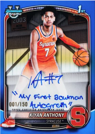 2025-26 Bowman Basketball: The Complete Collector's Guide 23 2025-26 Bowman Chrome U Kiyan Anthony Syracuse Blue Refractor Autograph Inscription 001/150