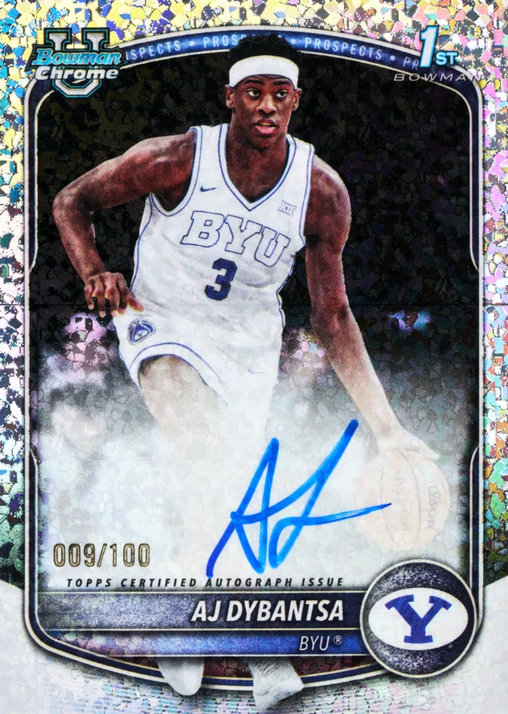 2025-26 Bowman Basketball: The Complete Collector's Guide 17 2025-26 Bowman Chrome U AJ Dybantsa BYU Mini Diamond Refractor Autograph 9/100