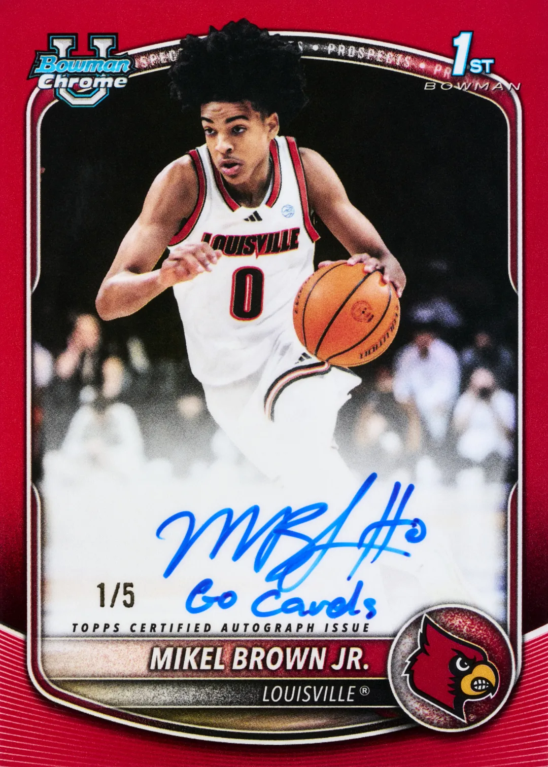 2025-26 Bowman Basketball: The Complete Collector's Guide 25 2025-26 Bowman Chrome U Mikel Brown Jr Louisville Red Refractor Autograph Inscription 1/5