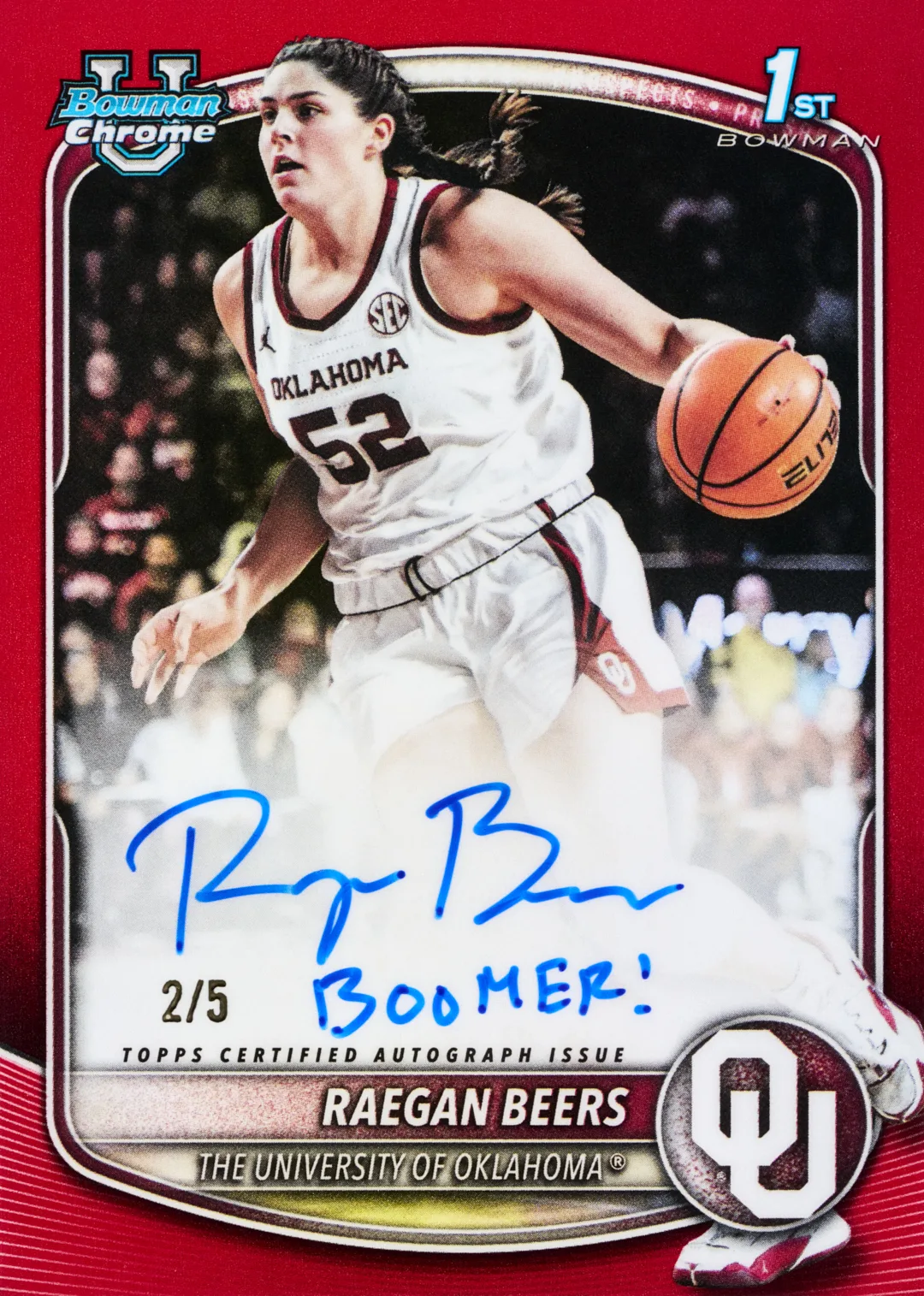 2025-26 Bowman Basketball: The Complete Collector's Guide 26 2025-26 Bowman Chrome U Raegan Beers Oklahoma Red Refractor Autograph Inscription 2/5