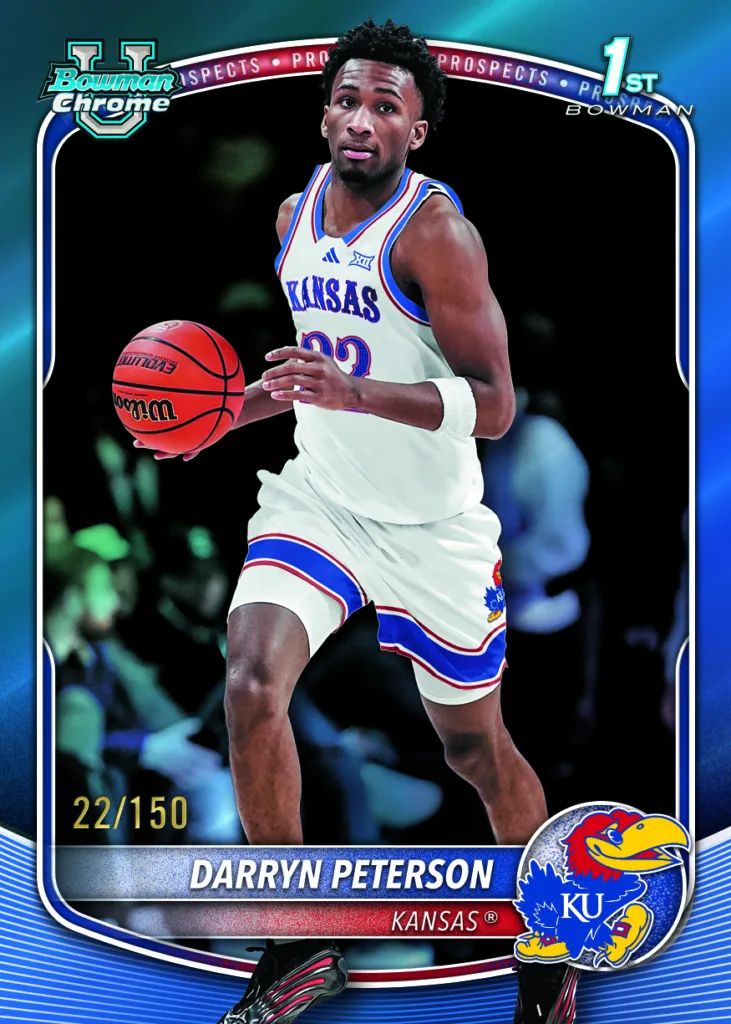 2025-26 Bowman Basketball: The Complete Collector's Guide 4 2025-26 Bowman Chrome U Darryn Peterson Kansas Blue Refractor 1st Bowman Card 22/150