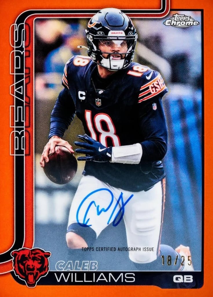 The Best Cards to Look for in 2025 Topps Chrome Football 17 2025 Topps Chrome Football Caleb Williams Bears Orange Refractor Auto 18/25 Ludex Blog