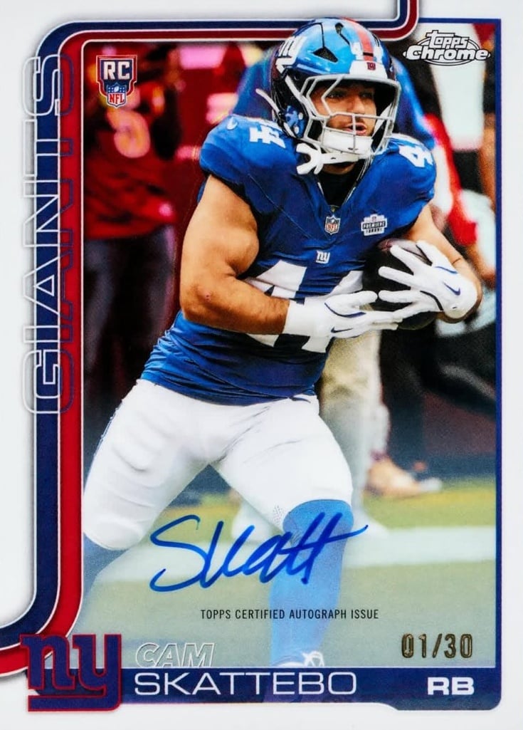 The Best Cards to Look for in 2025 Topps Chrome Football 5 2025 Topps Chrome Football Cam Skattebo Giants RC Auto 01/30 Ludex Blog