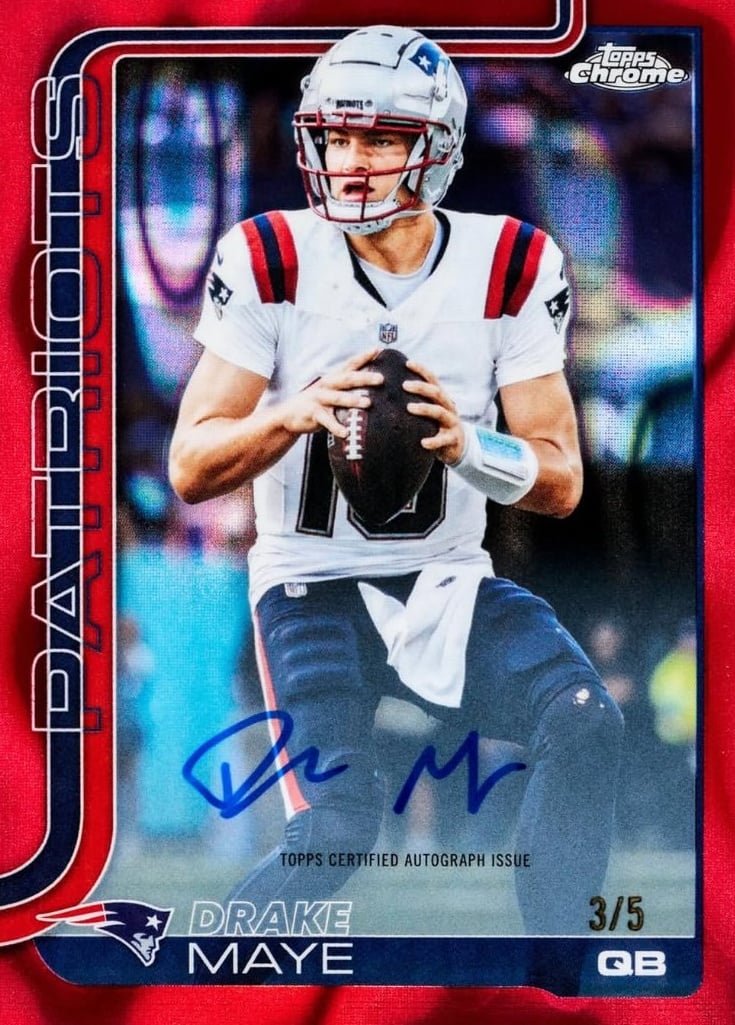 The Best Cards to Look for in 2025 Topps Chrome Football 16 2025 Topps Chrome Football Drake Maye Patriots Red Refractor Auto 3/5 Ludex Blog