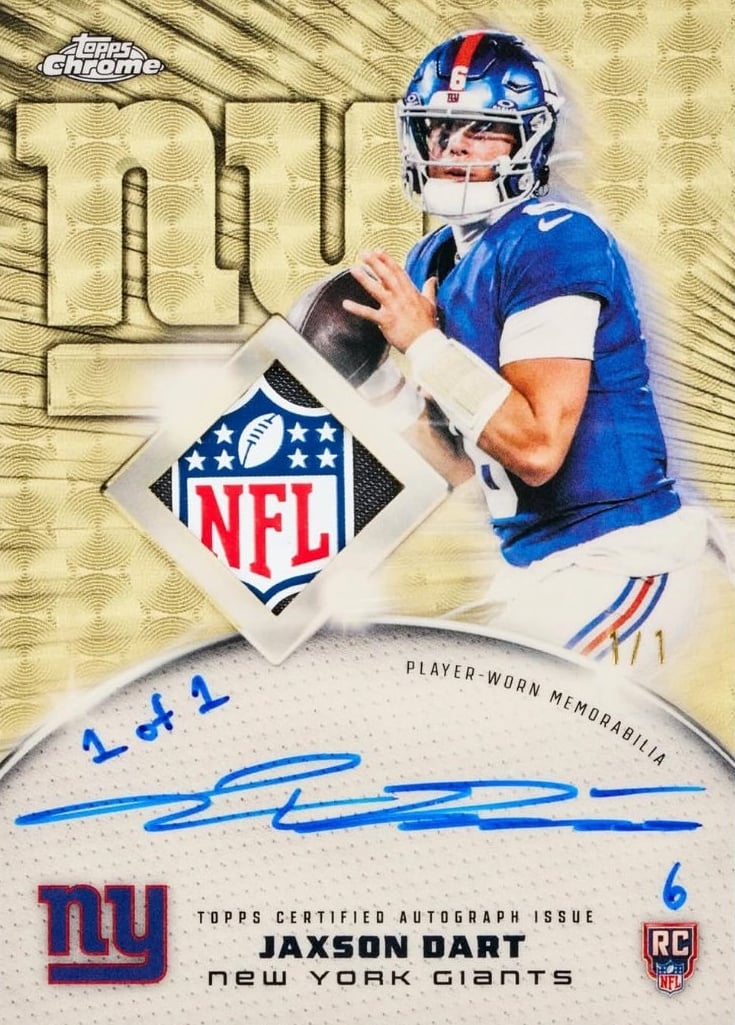 The Best Cards to Look for in 2025 Topps Chrome Football 4 2025 Topps Chrome Football Jaxson Dart Giants Rookie Patch Auto 1/1 Ludex Blog
