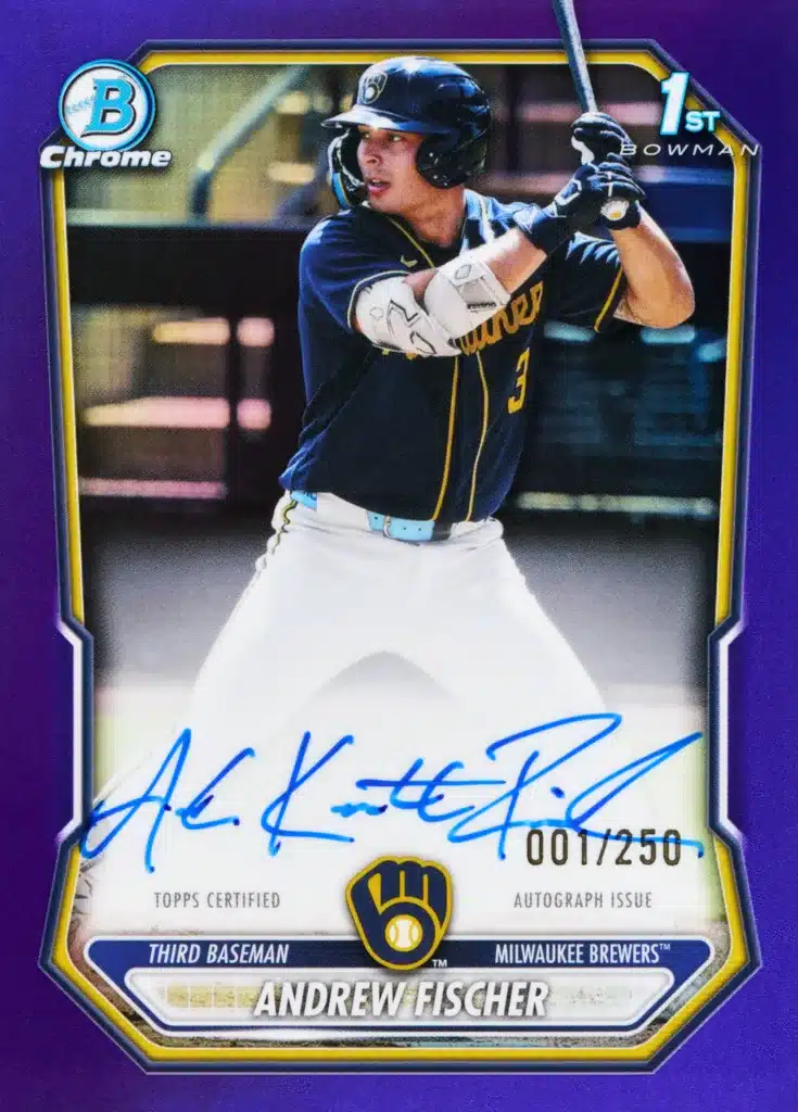 The Best Cards to Look For in 2026 Bowman Baseball 25 Andrew Fischer Chrome Prospect Auto Purple Refractor 001/250 Full Name Inscription