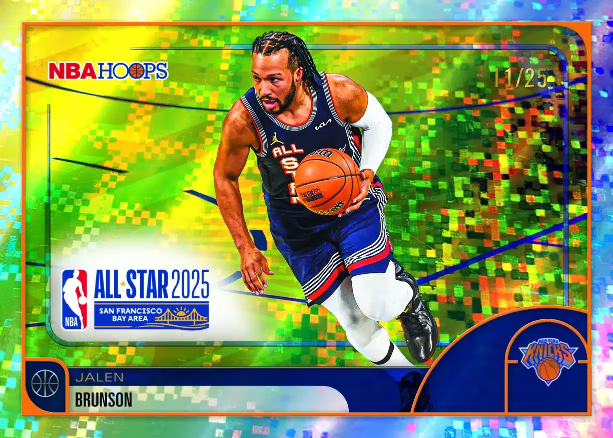 Best Cards to Look For in 2025-26 Topps NBA Hoops 10 2025-26 Topps NBA Hoops Jalen Brunson All-Star 2025 variation Light Burst Orange parallel 11/25