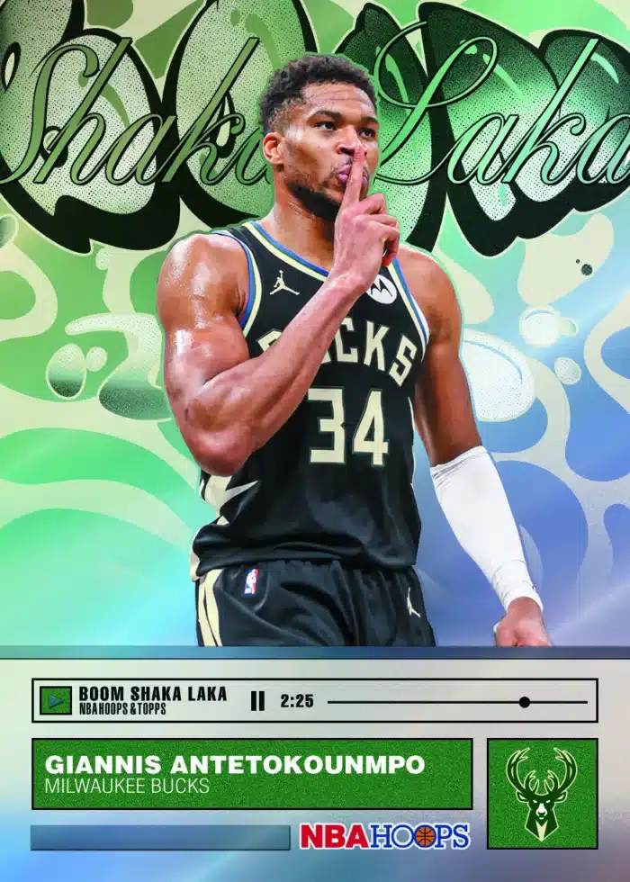 Best Cards to Look For in 2025-26 Topps NBA Hoops 18 2025-26 Topps NBA Hoops Giannis Antetokounmpo Boom Shaka Laka retail case hit insert
