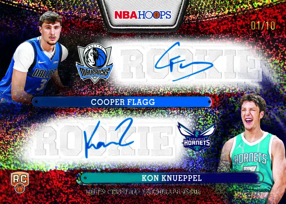 Best Cards to Look For in 2025-26 Topps NBA Hoops 25 2025-26 Topps NBA Hoops Cooper Flagg and Kon Knueppel Rookie Duals dual autograph 01/10