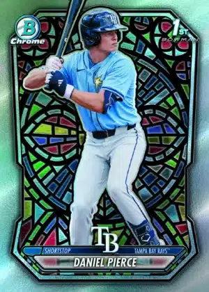The Best Cards to Look For in 2026 Bowman Baseball 13 2026 Bowman Baseball Daniel Pierce 1st Bowman Chrome Etched-In-Glass Variation Tampa Bay Rays shortstop