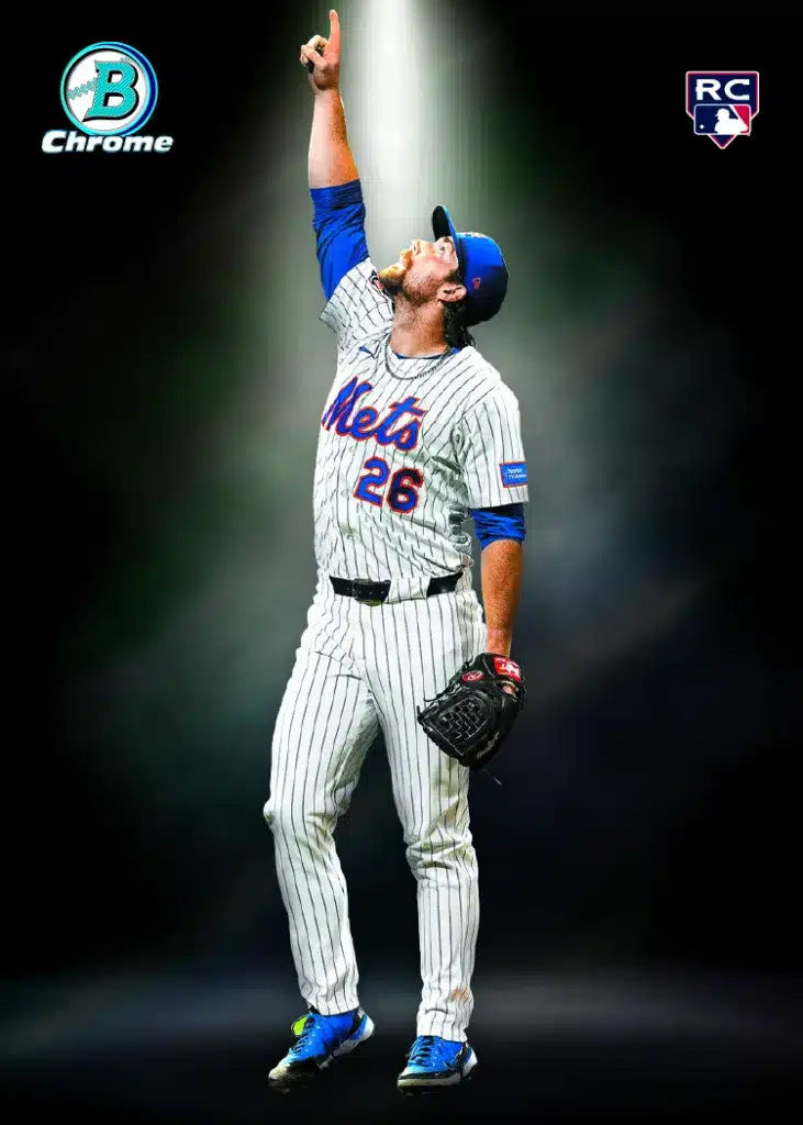 The Best Cards to Look For in 2026 Bowman Baseball 15 2026 Bowman Baseball Bowman Spotlights insert card New York Mets pitcher RC dramatic black background spotlight