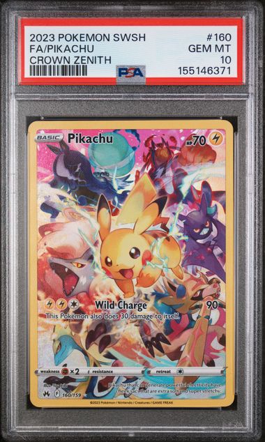 Top 10 Most Graded Pikachu Cards of All Time 9 2023 Pokemon Sword and Shield Crown Zenith Full Art Pikachu #160 PSA 10 GEM MT