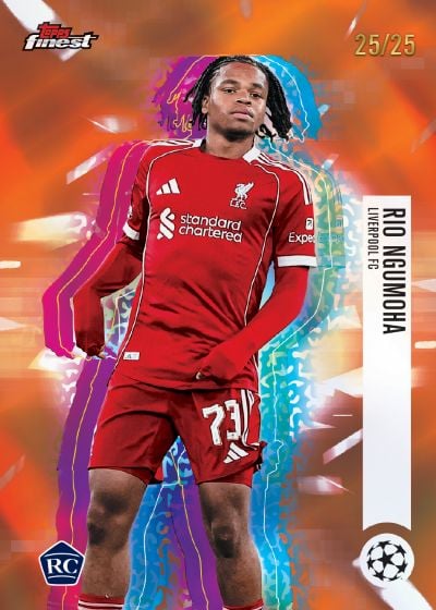 2025-26 Topps Finest UEFA Club Competitions Soccer: Best Cards, Checklist & Box Breakdown 5 2025-26 Topps Finest UEFA Rio Ngumoha Base Holoview Refractor RC 25/25 Liverpool FC