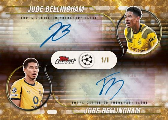 2025-26 Topps Finest UEFA Club Competitions Soccer: Best Cards, Checklist & Box Breakdown 14 2025-26 Topps Finest UEFA Jude Bellingham Jobe Bellingham Bloodlines Dual Autograph 1/1