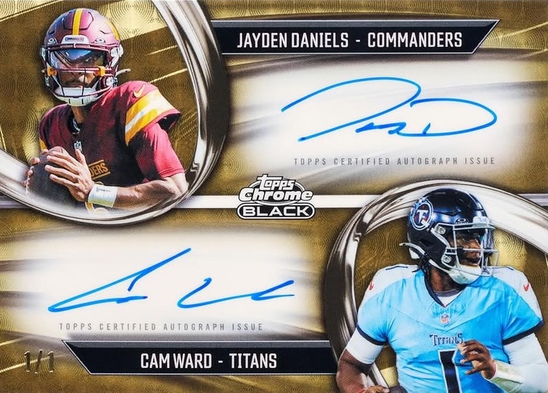 2025 Topps Chrome Black Football Pitch Black Pairings Dual Autograph Jayden Daniels Cam Ward 1/1