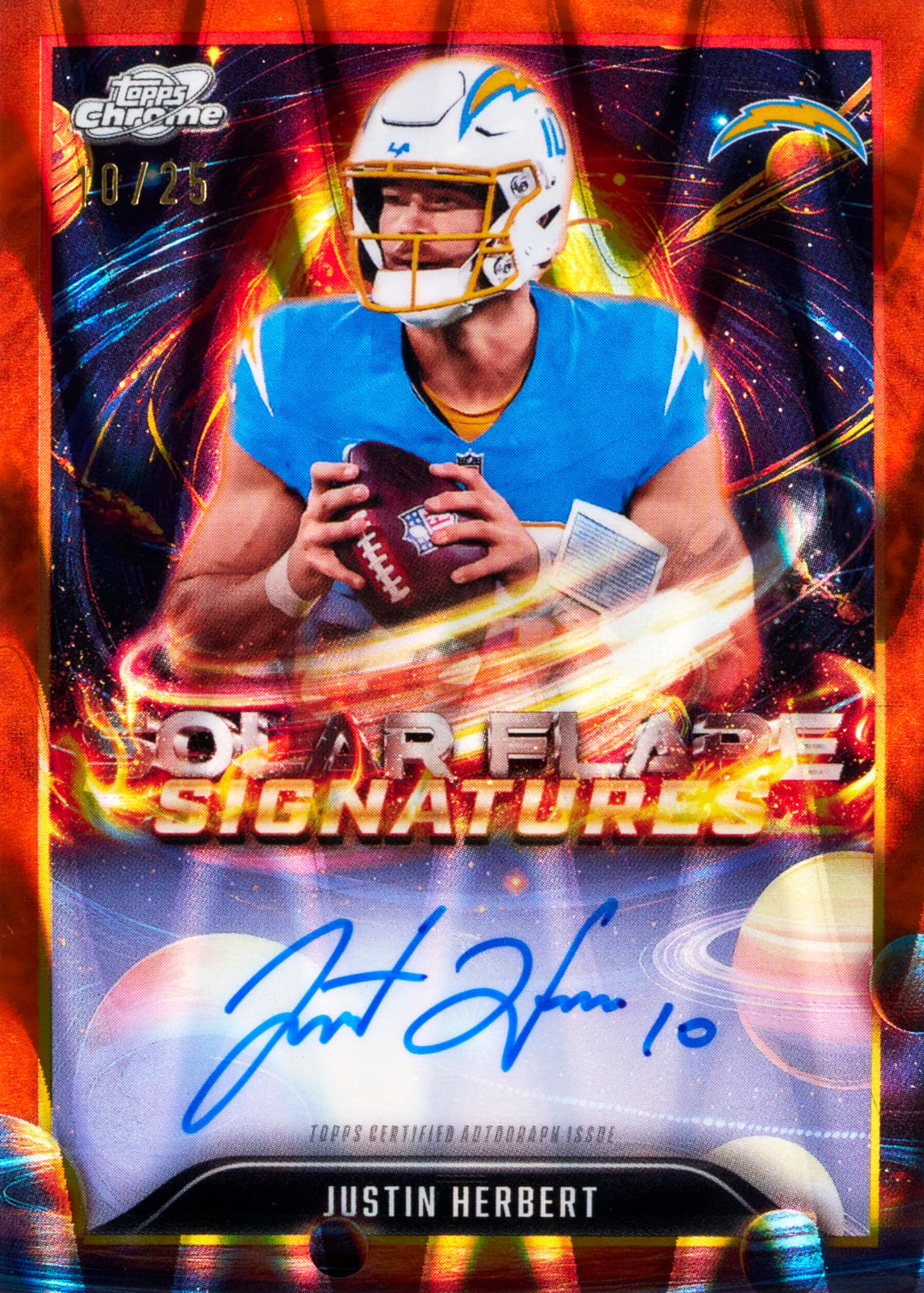 2025 Topps Cosmic Chrome Football Solar Flare Signatures Orange Galactic Refractor Justin Herbert /25