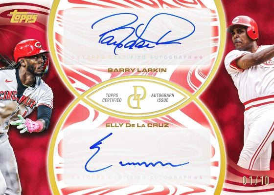 2026 Topps Dynamic Duals Dual Autograph Elly De La Cruz Barry Larkin Red numbered to 10