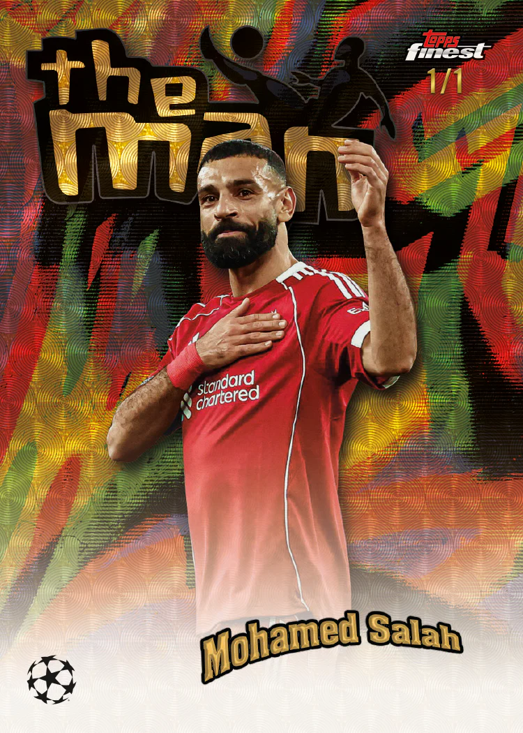 2025-26 Topps Finest UEFA Club Competitions Soccer: Best Cards, Checklist & Box Breakdown 12 2025-26 Topps Finest UEFA Mohamed Salah The Man 1/1 Liverpool FC