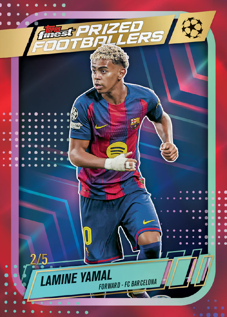 2025-26 Topps Finest UEFA Club Competitions Soccer: Best Cards, Checklist & Box Breakdown 8 2025-26 Topps Finest UEFA Lamine Yamal Prized Footballers 2/5 FC Barcelona