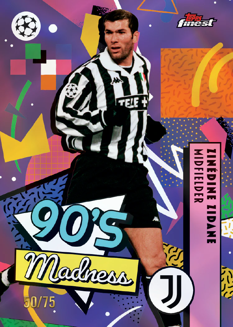 2025-26 Topps Finest UEFA Club Competitions Soccer: Best Cards, Checklist & Box Breakdown 10 2025-26 Topps Finest UEFA Zinedine Zidane 90s Madness Insert 50/75 Juventus