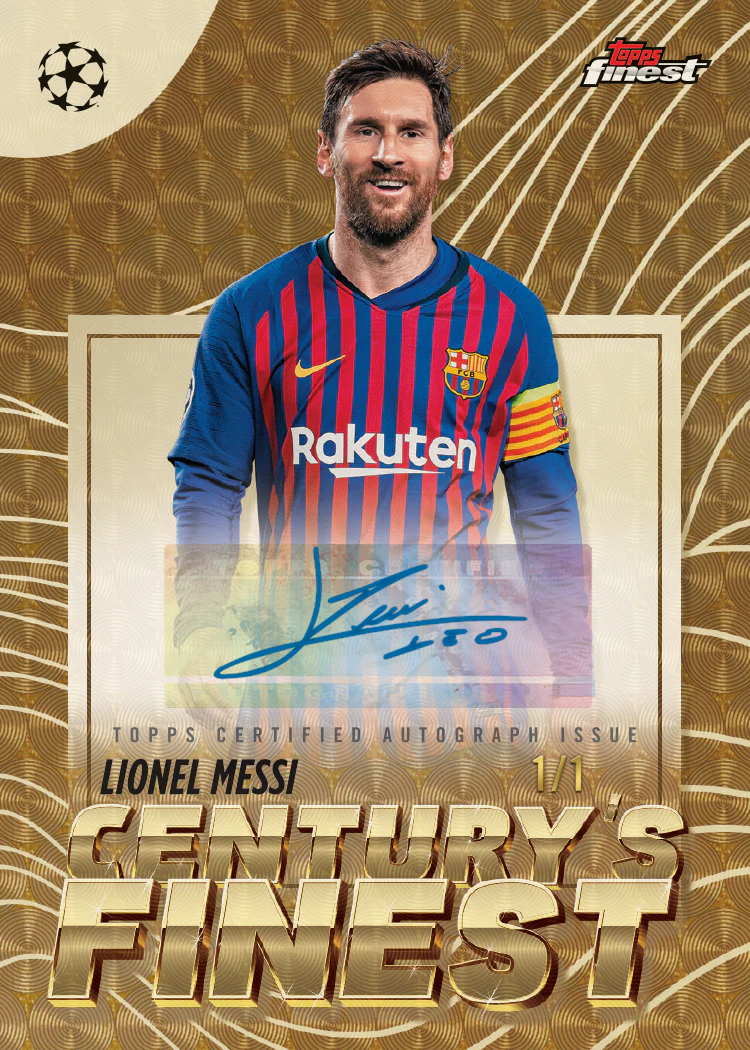 2025-26 Topps Finest UEFA Club Competitions Soccer: Best Cards, Checklist & Box Breakdown 13 2025-26 Topps Finest UEFA Lionel Messi Century's Finest Autograph 1/1 FC Barcelona