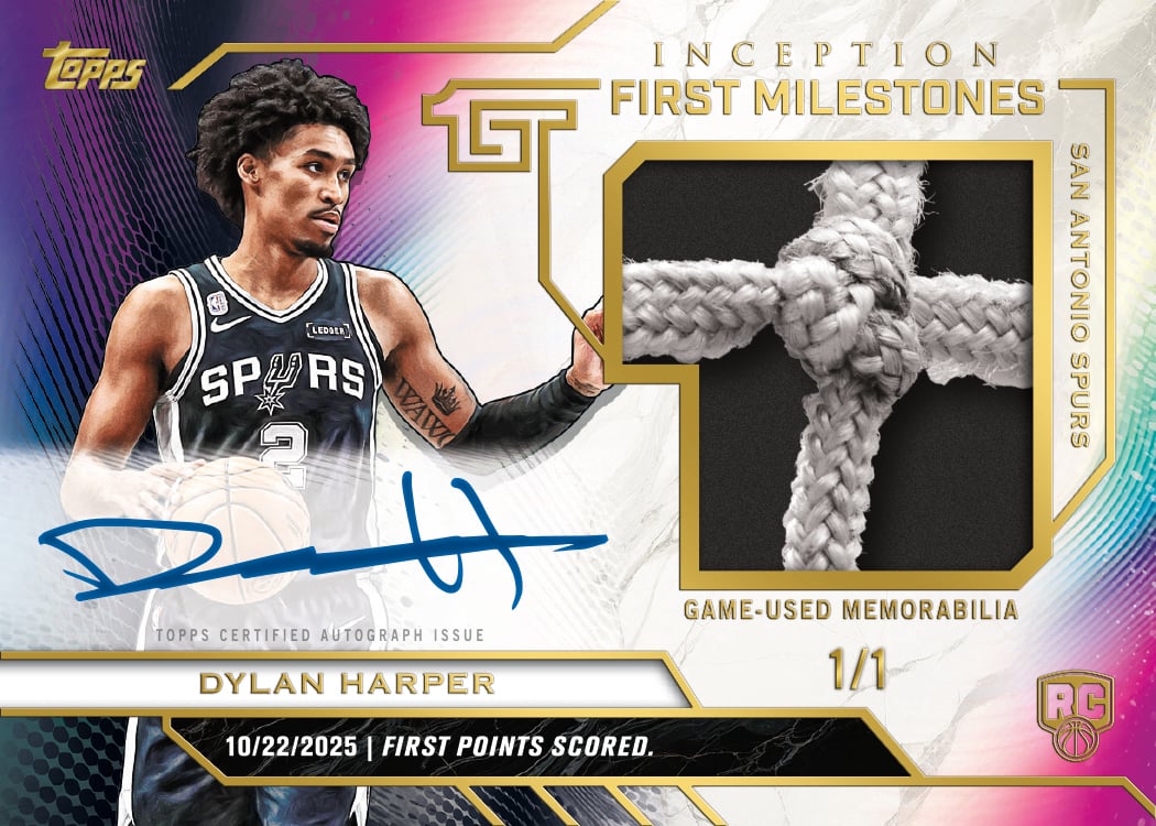 2025-26 Topps Inception Basketball: Checklist, Rookies, and Best Cards to Chase 12 2025-26 Topps Inception Basketball NBA First Milestone Autograph Relic Dylan Harper RC 1/1