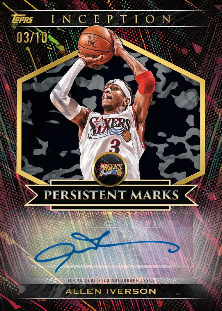 2025-26 Topps Inception Basketball: Checklist, Rookies, and Best Cards to Chase 11 2025-26 Topps Inception Basketball Persistent Marks Autograph Allen Iverson Camo Parallel 03/10