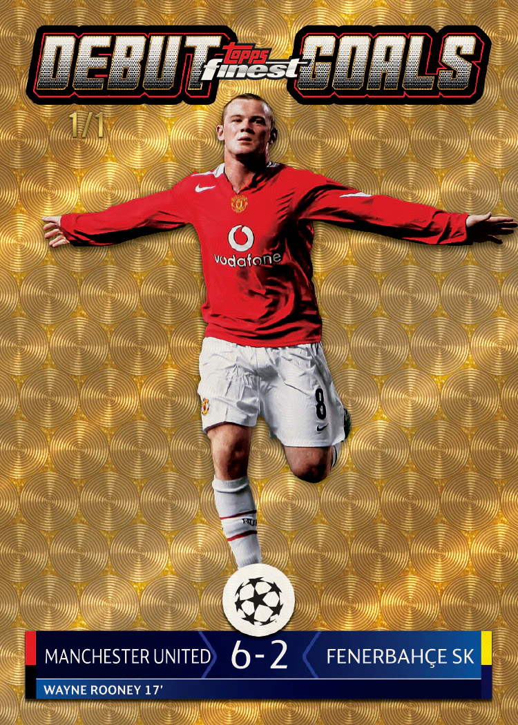 2025-26 Topps Finest UEFA Club Competitions Soccer: Best Cards, Checklist & Box Breakdown 11 2025-26 Topps Finest UEFA Wayne Rooney Debut Goals Superfractor 1/1 Manchester United