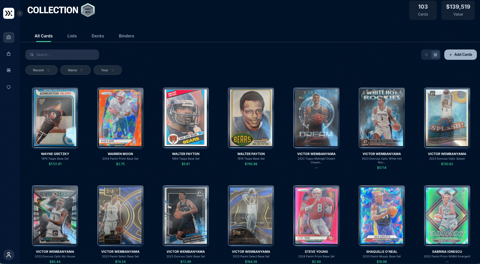 Ludex Web Collection Management grid view showing trading card tiles with player names, set names, and Ludex Estimate values