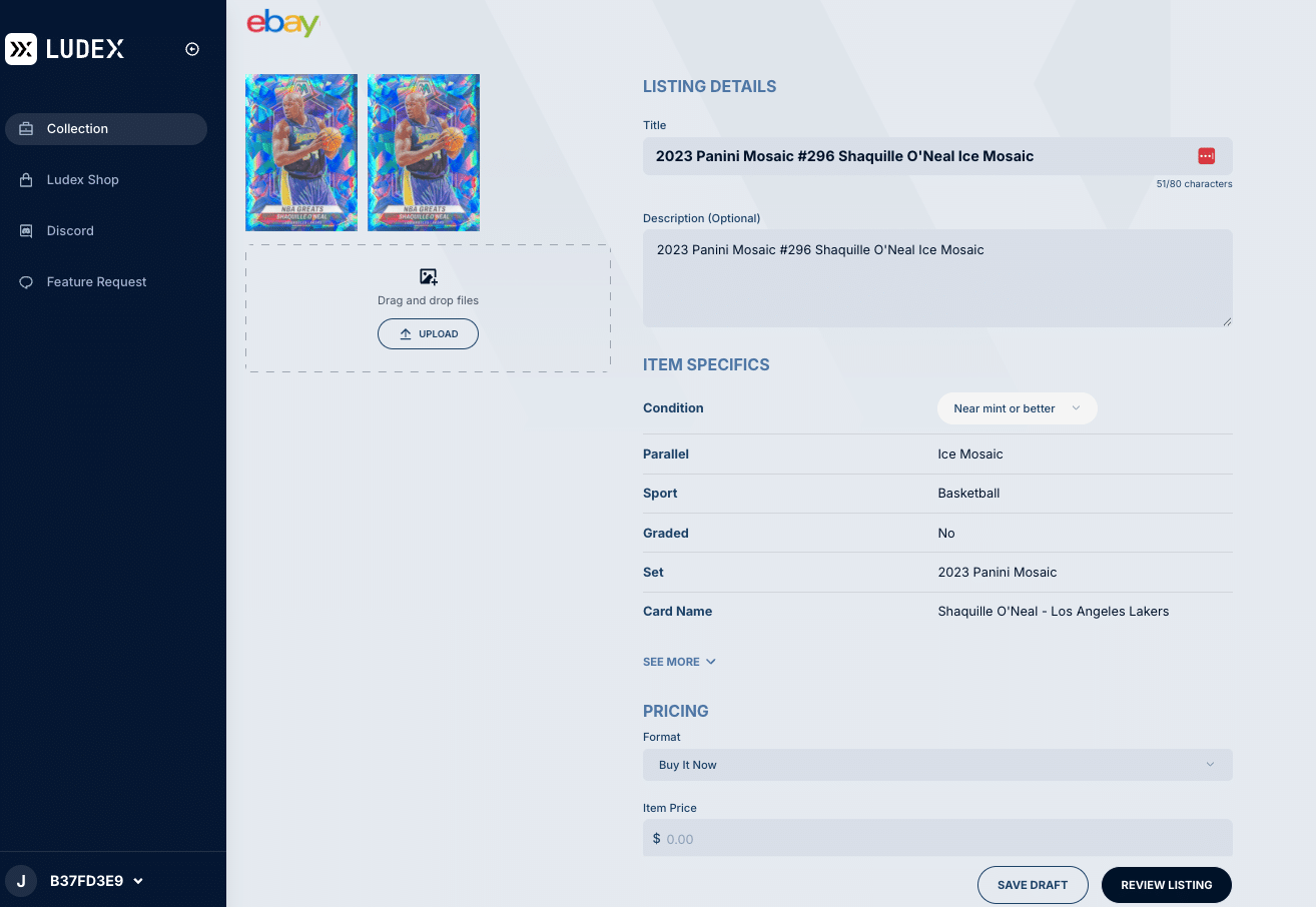 Ludex Web Collection Management eBay listing creation form with card details including parallel, sport, set, and card name auto-filled from collection data