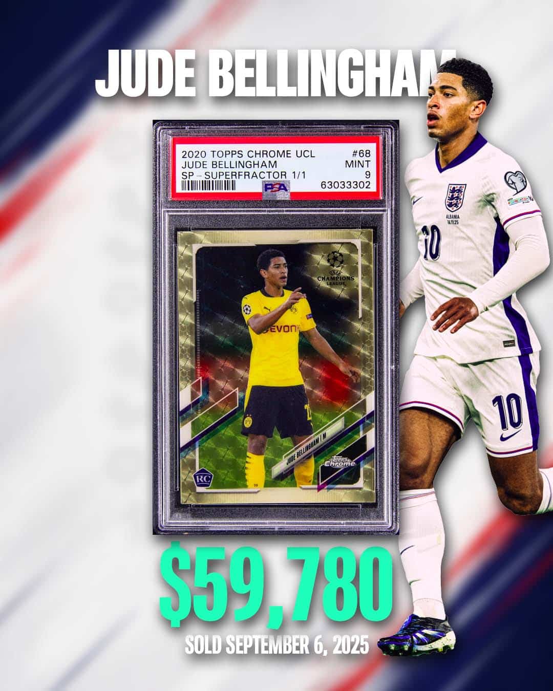 2020 Topps Chrome UCL Jude Bellingham Superfractor 1/1 PSA 9 England