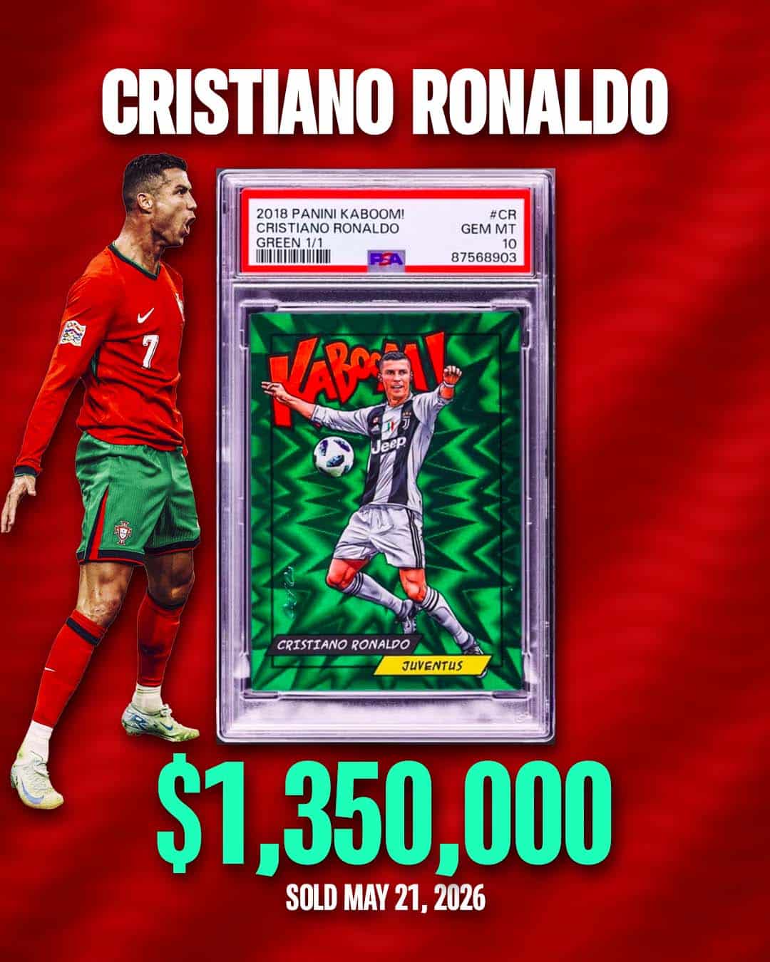 2018 Panini Kaboom Cristiano Ronaldo Green 1/1 PSA 10 Portugal