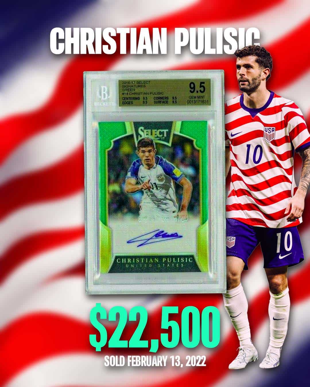 2016-17 Panini Select Signatures Green Christian Pulisic Auto BGS 9.5 USA