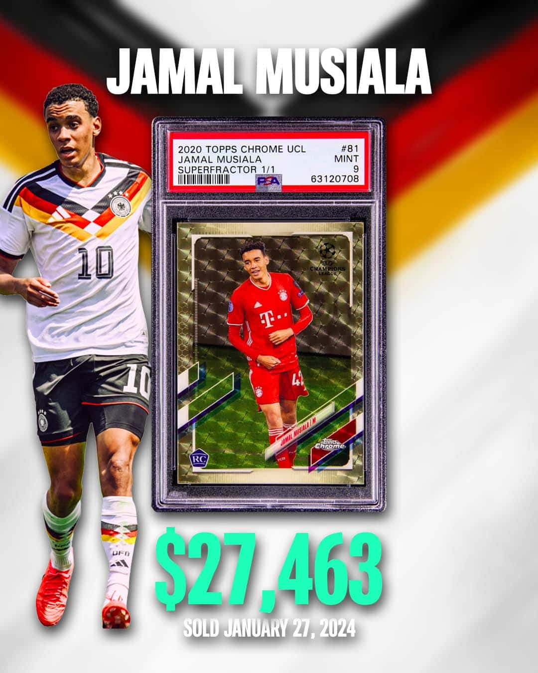 2020 Topps Chrome UCL Jamal Musiala Superfractor 1/1 PSA 9 Germany