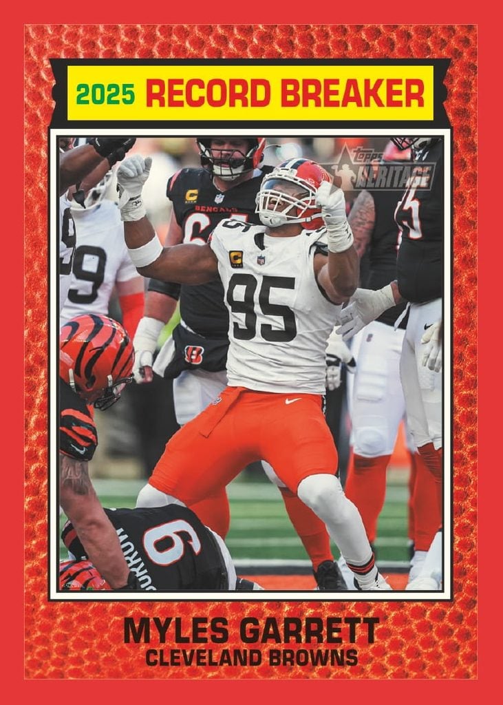 Best Cards to Look For in 2026 Topps Heritage Football 9 Myles garrett 2025 record breaker topps heritage football
